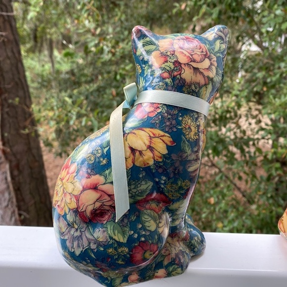 Ceramic Paper Mache Look Cats Blue & Green Floral or Pink & Orange Floral Cat - Picture 6 of 7